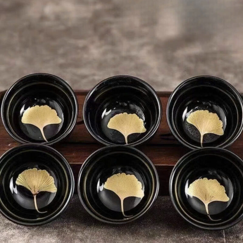 Ly gốm Ginkgo tráng men đen
